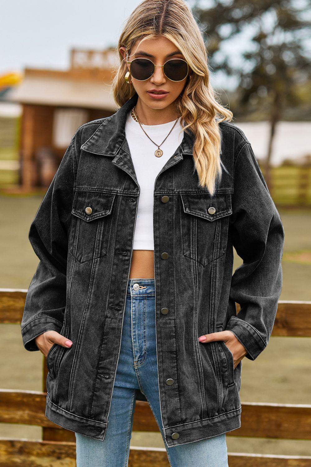 Buttoned Collared Neck Denim Jacket with Pockets Carauana Store