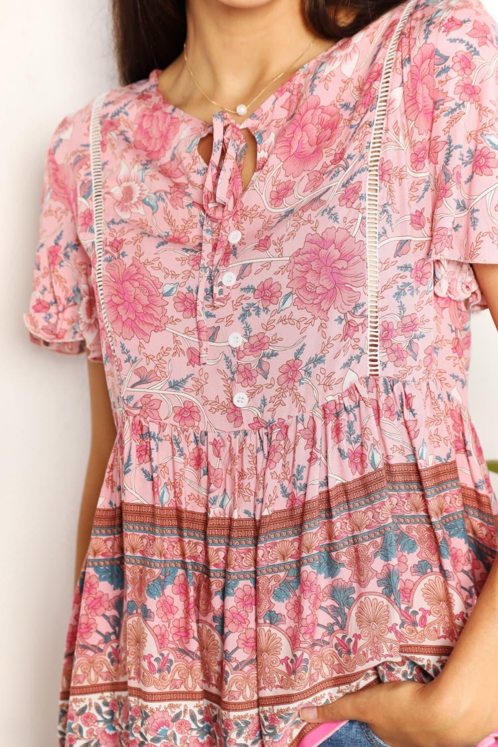 Perfee Bohemian Decorative Button Tie-Neck Peplum Blouse Carauana Store