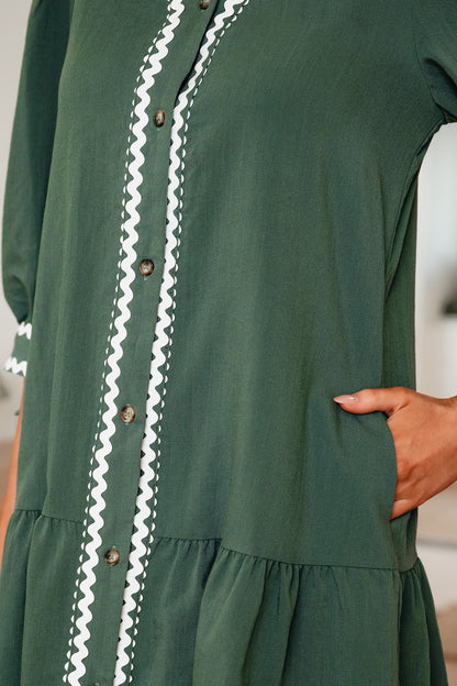 Canton Contrast Ricrac Trim Button V Neck Knotted Bracelet Sleeve Shift Dress CaRaUaNa Fashion