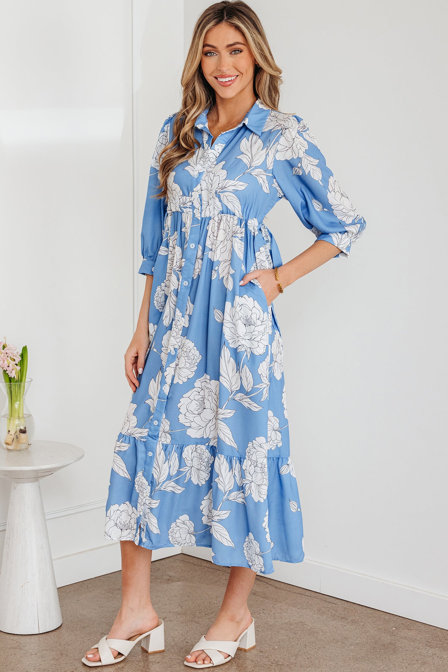 Sky Blue Floral Print Shirt Collar Button Down 3/4 Sleeve Ruffle Hem Long Dress