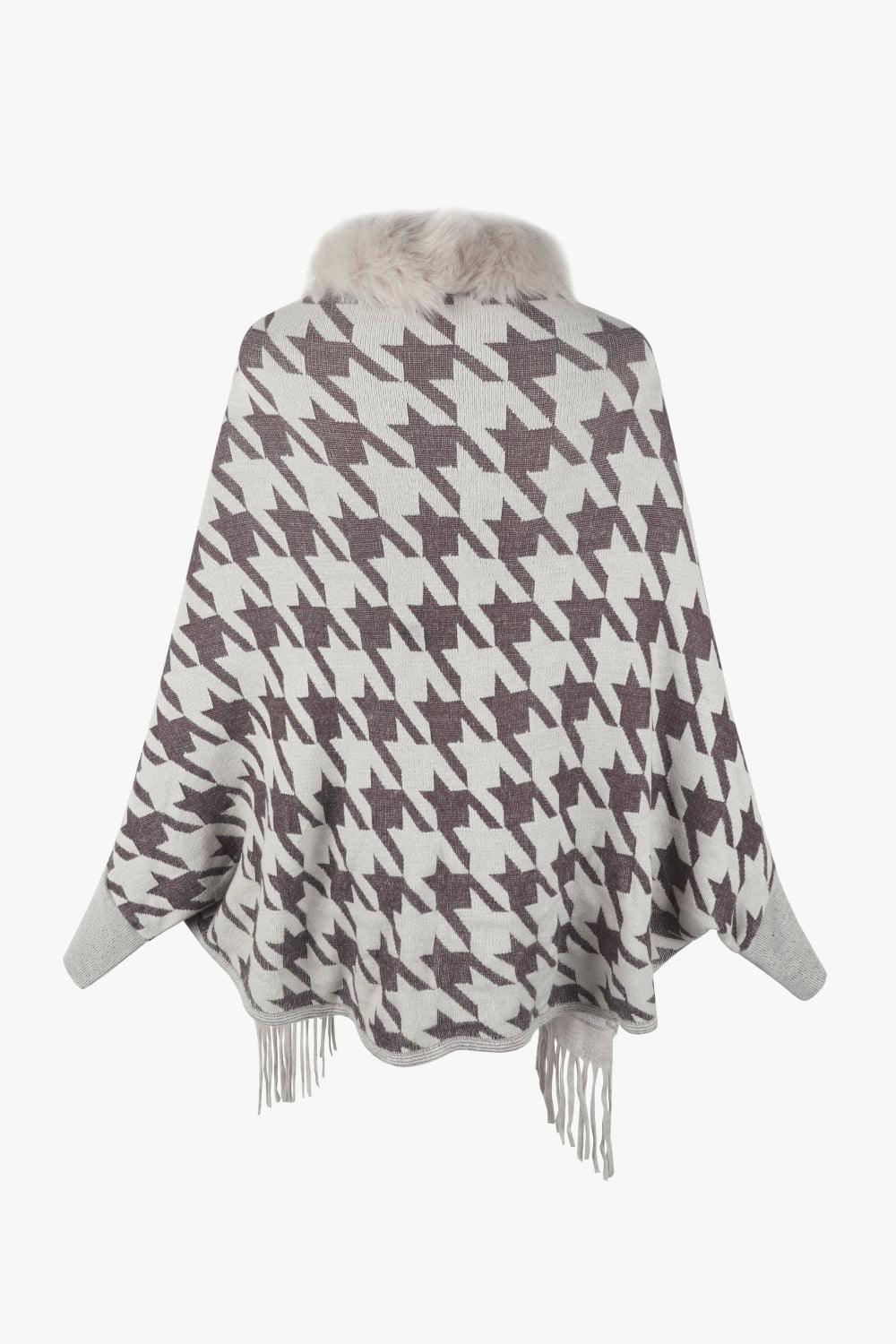 Houndstooth Fringe Hem Poncho Carauana Store
