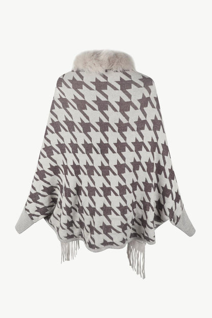 Houndstooth Fringe Hem Poncho Carauana Store