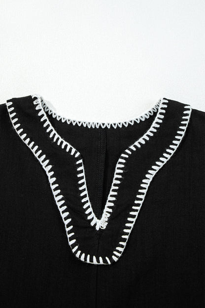 Black Contrast Stitched V Neck 3/4 Sleeve Tiered Mini Dress