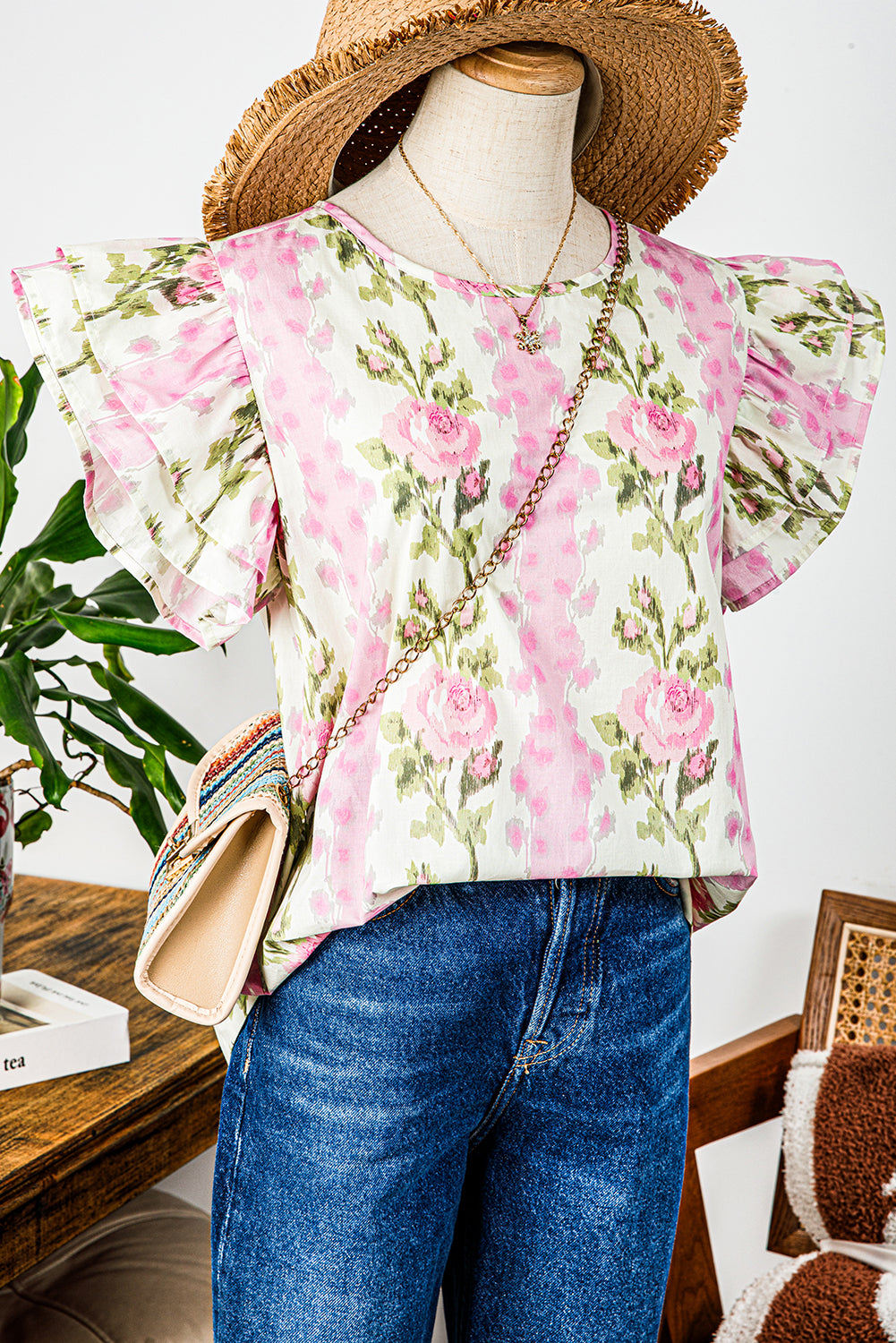 Pink Floral Print Ruffled Sleeve Summer Top
