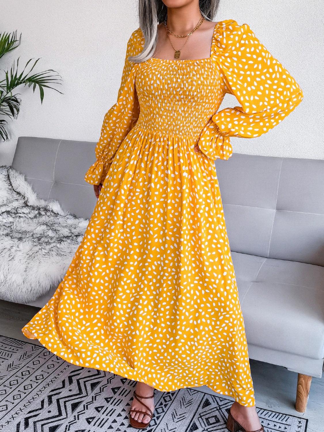 Smocked Square Neck Flounce Sleeve Dress Carauana Store