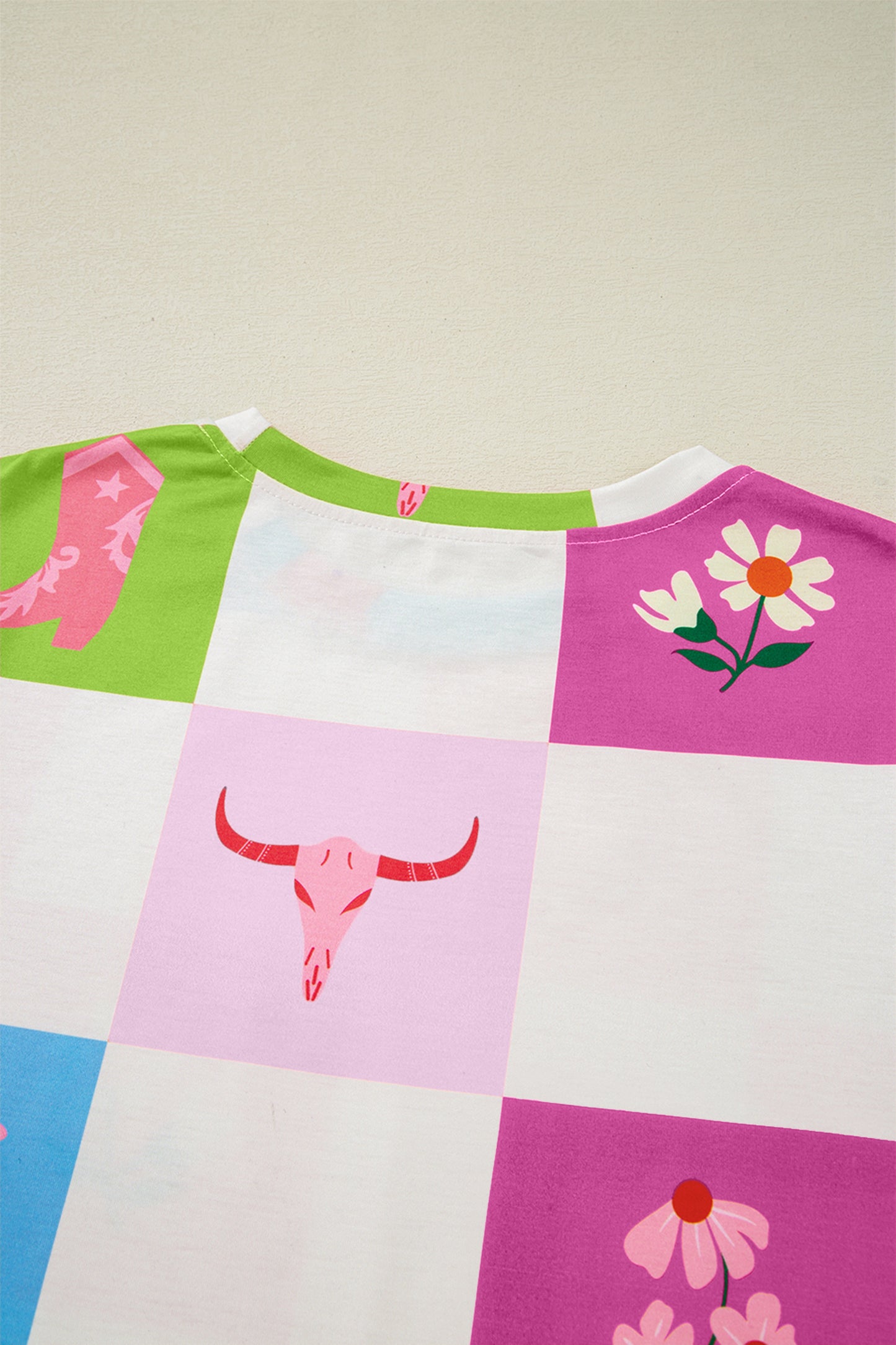 Lila Western-Mode Karomuster Rundhals-T-Shirt