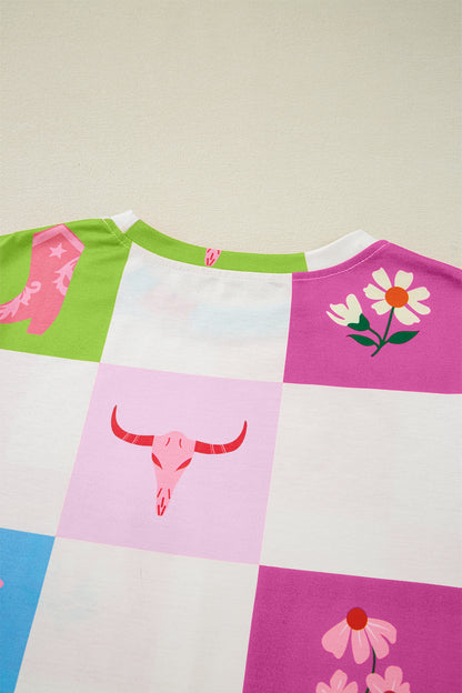 Lila Western-Mode Karomuster Rundhals-T-Shirt