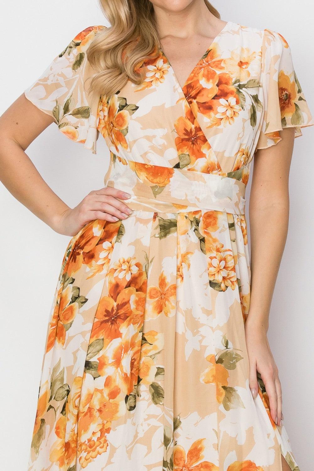 HYFVE Floral Tie Back Short Sleeve Slit Maxi Dress Carauana Store