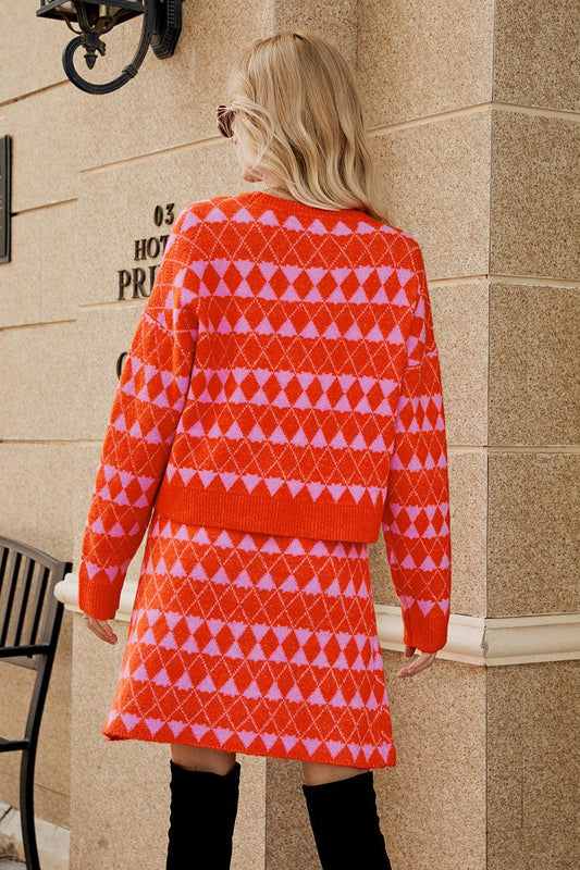 Geometric Button Front Cardigan and Skirt Set Carauana Store