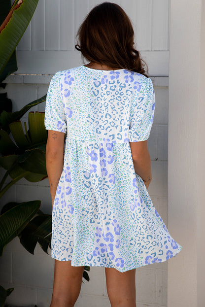 Sky Blue Leopard Contrast Bow Puff Sleeve Mini Dress