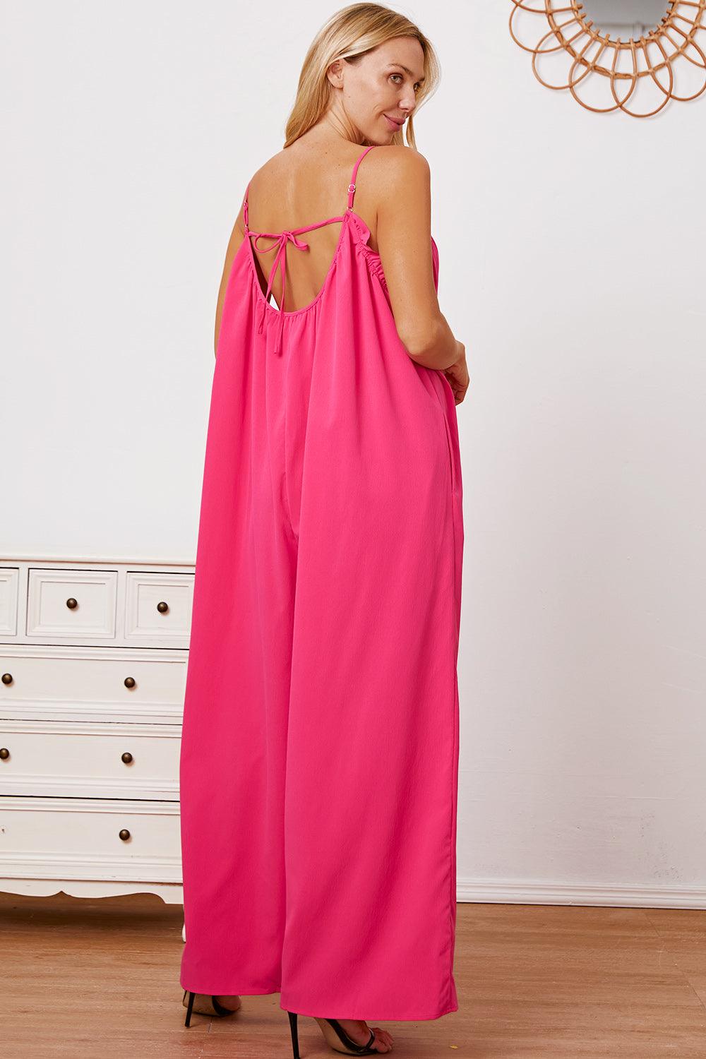 Double Take Full Size Ruffle Trim Tie Back Cami Jumpsuit with Pockets Carauana Store