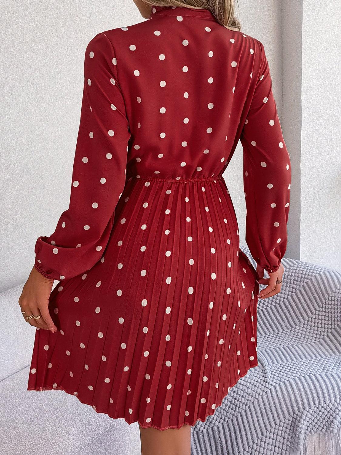 Polka Dot Tie Neck Pleated Dress Carauana Store