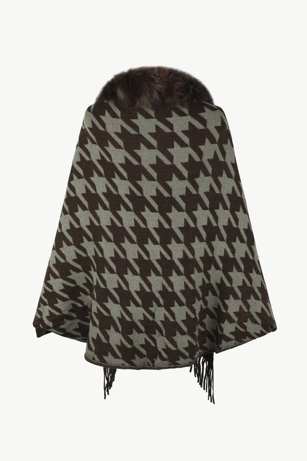 Houndstooth Fringe Hem Poncho Carauana Store