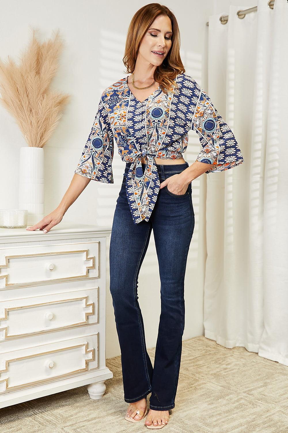 Tie Hem V-Neck Three-Quarter Sleeve Blouse Carauana Store