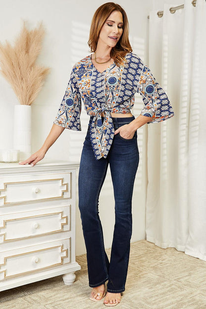 Tie Hem V-Neck Three-Quarter Sleeve Blouse Carauana Store