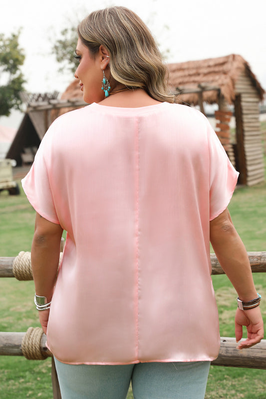 Pink Metallic Gloss Short Batwing Sleeve Plus Size Top