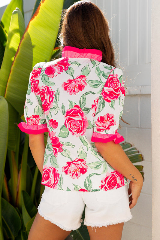 Rose Floral Frilled V Neck Short Sleeve Blouse Top