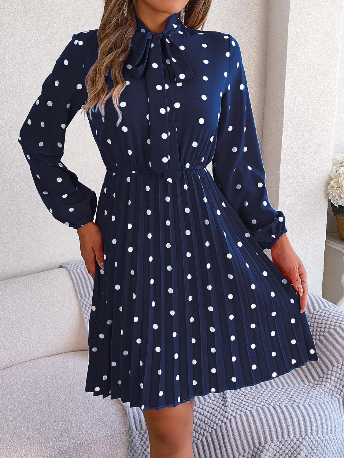 Polka Dot Tie Neck Pleated Dress Carauana Store