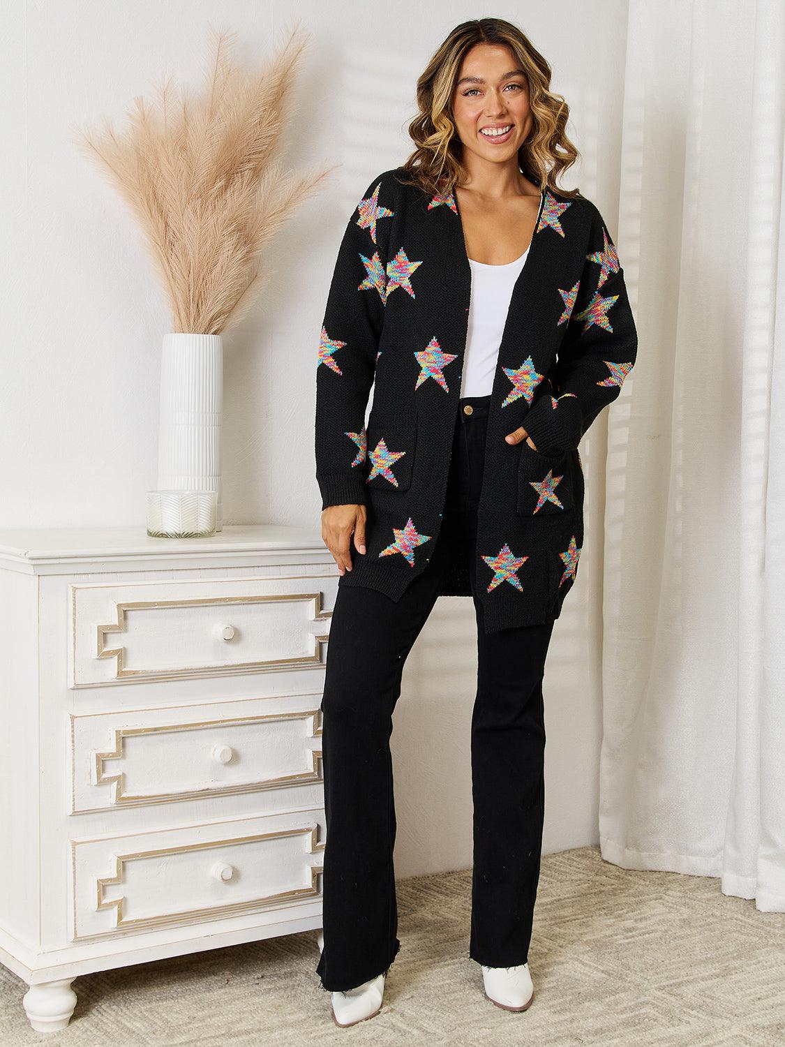 Angel Wings Star Pattern Open Front Cardigan with Pockets Carauana Store