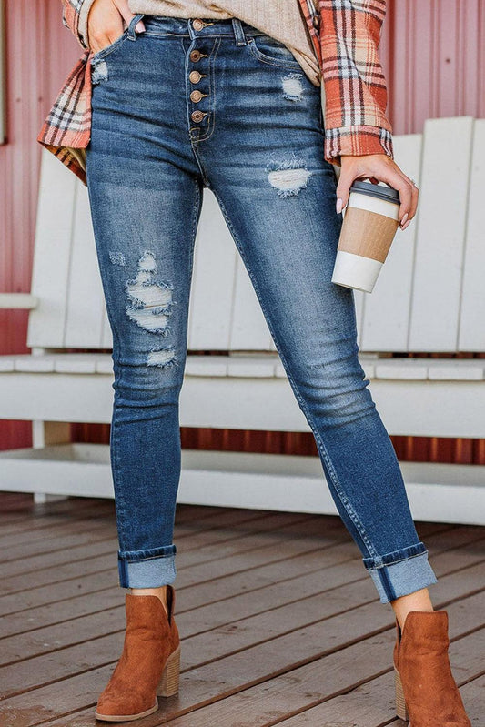 Button-Fly Distressed Jeans with Pockets Carauana Store