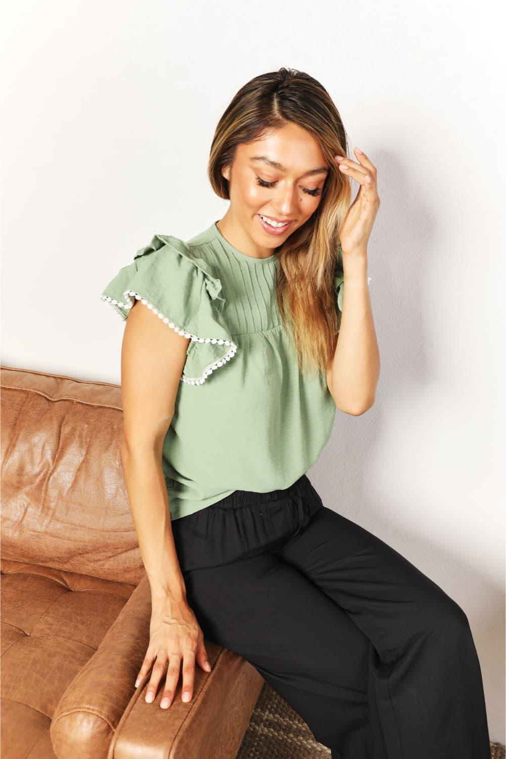 Perfee Pleated Detail Flutter Sleeve Blouse Carauana Store