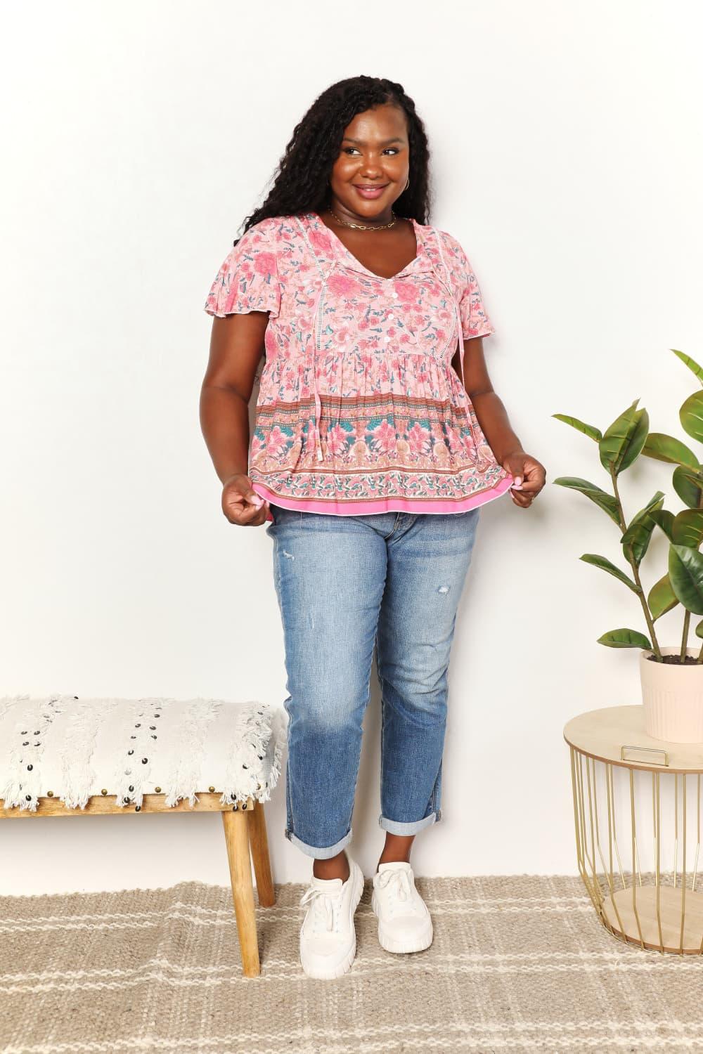 Perfee Bohemian Decorative Button Tie-Neck Peplum Blouse Carauana Store