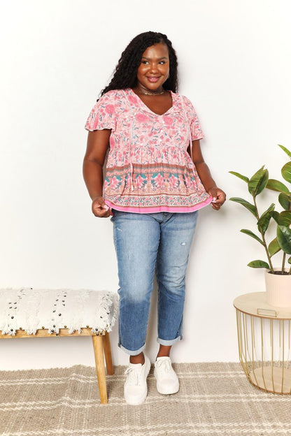 Perfee Bohemian Decorative Button Tie-Neck Peplum Blouse Carauana Store
