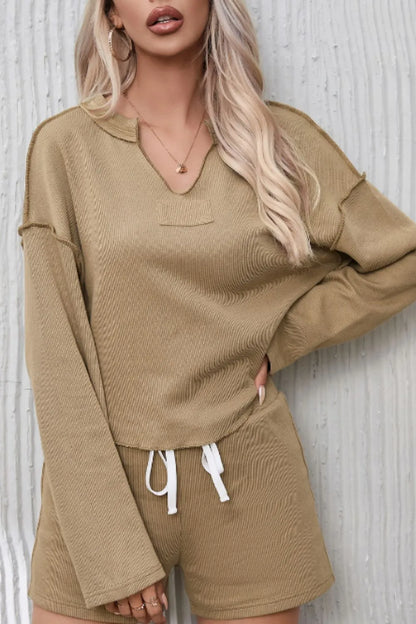 Exposed Seam Long Sleeve Top and Drawstring Shorts Set Carauana Store