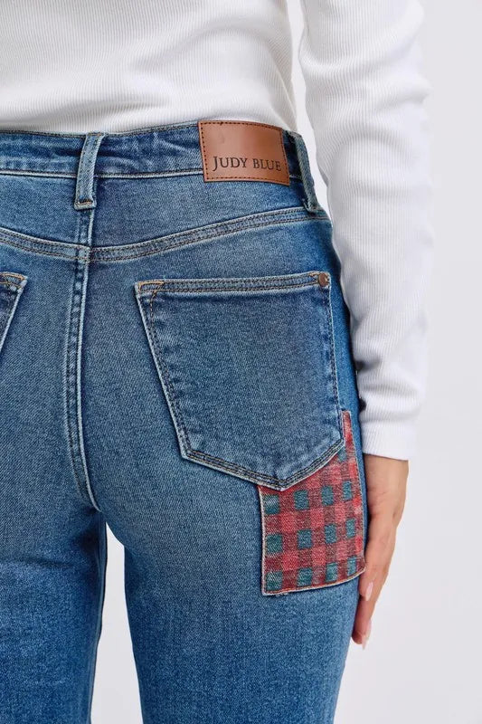 Judy Blue Full Size HW Plaid Patch Slim Fit Jeans Plus Size Carauana Store