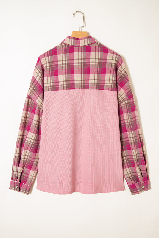 Pink Waffle Patch Pocket Plaid Patchwork Plus Size Shirt