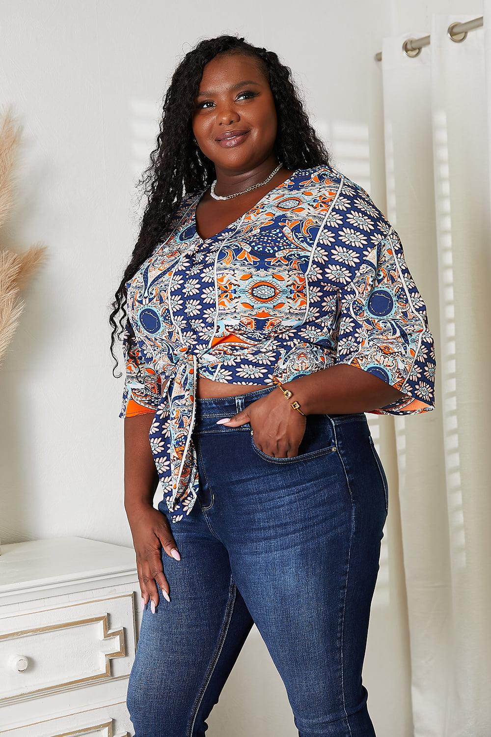 Tie Hem V-Neck Three-Quarter Sleeve Blouse Carauana Store