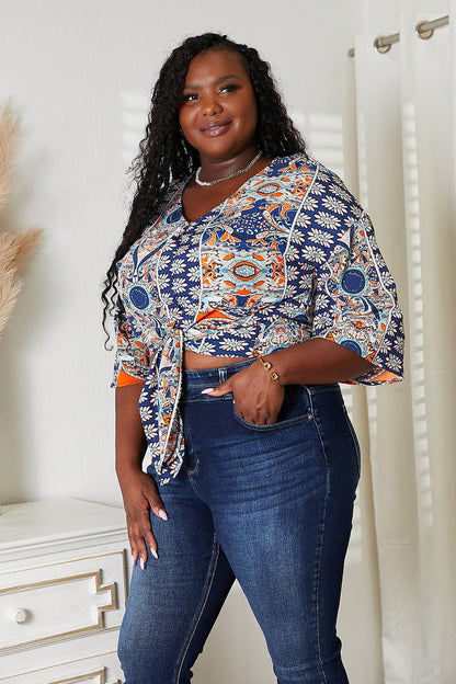 Tie Hem V-Neck Three-Quarter Sleeve Blouse Carauana Store