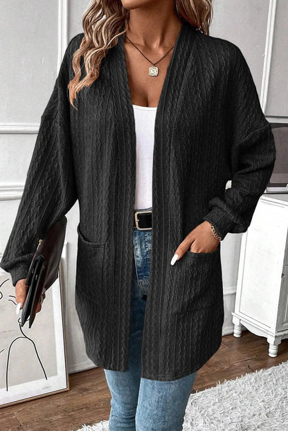 Textured Pocketed Open Front Long Sleeve Cover Up Carauana Store