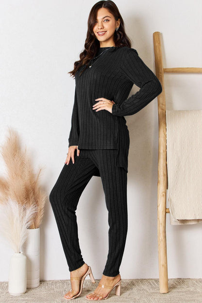 Basic Bae Full Size Ribbed Round Neck High-Low Slit Top and Pants Set Carauana Store