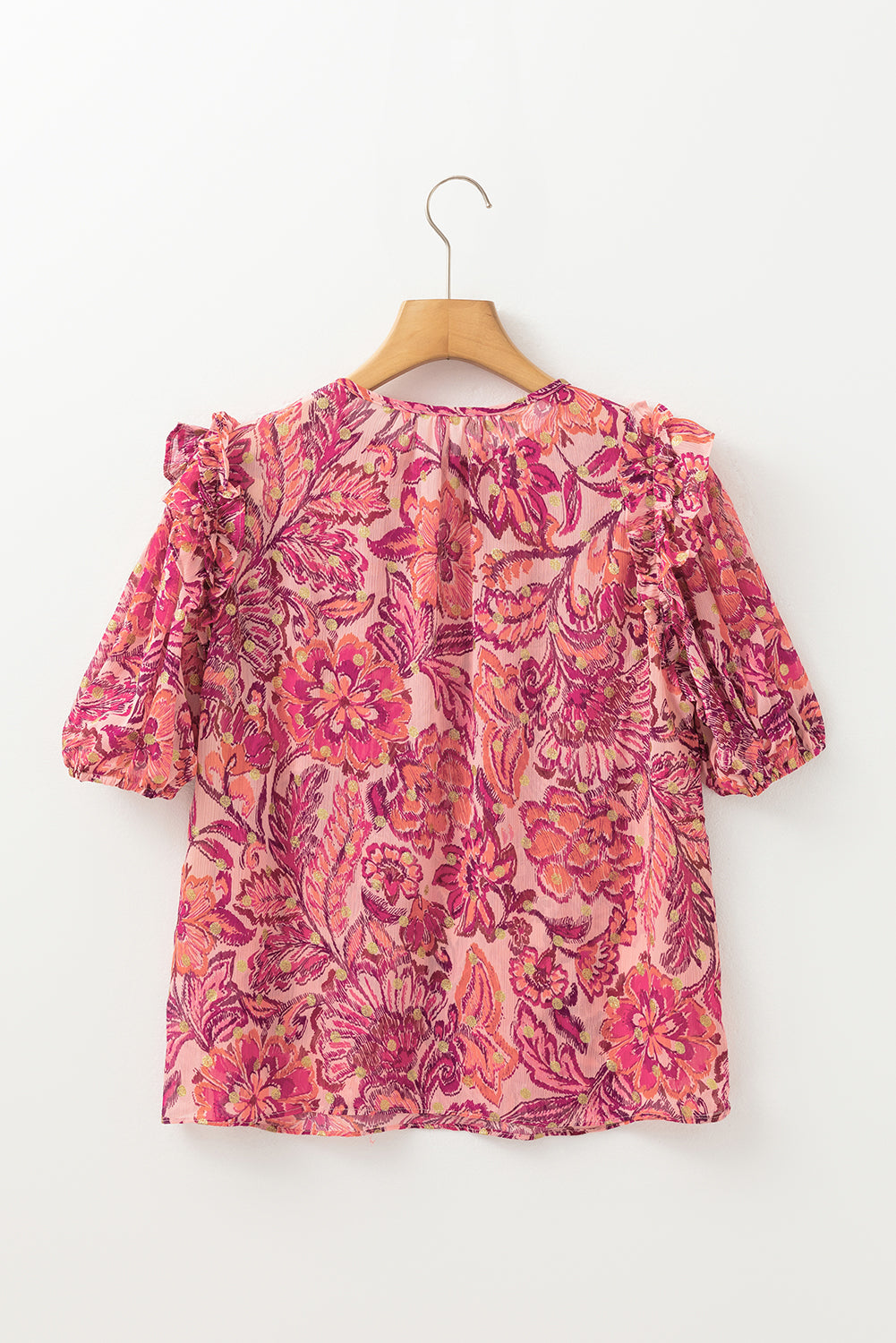 Red Floral Print Ruffled Puff Short Sleeve Blouse