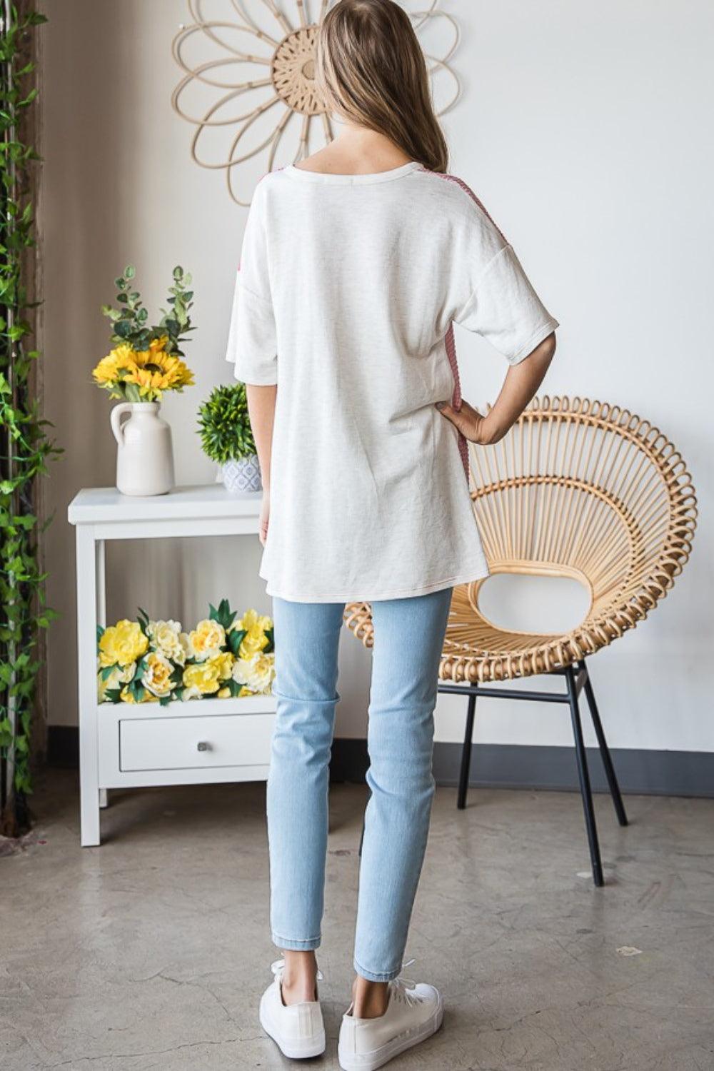 Heimish Full Size Contrast Waffle-Knit Half Sleeve Blouse Carauana Store
