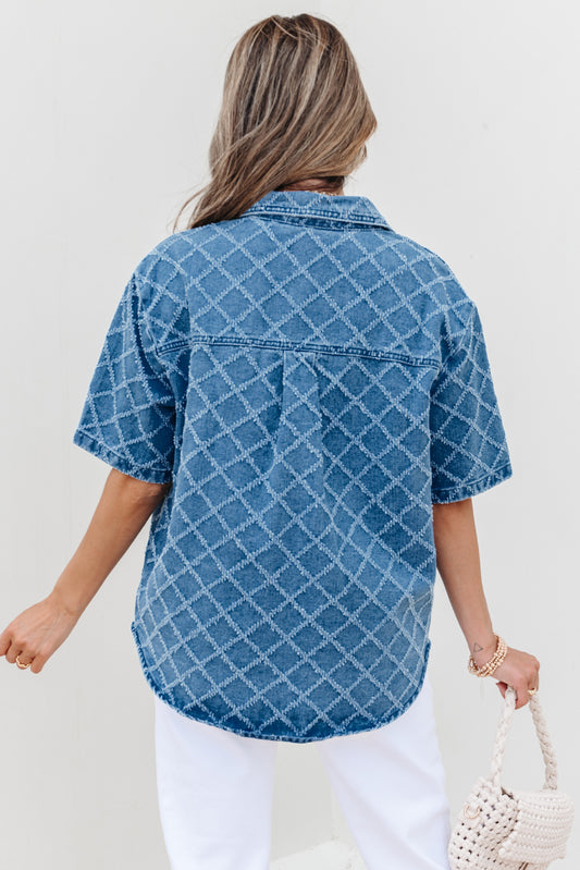 Dusk Blue Checkered Textured Short Sleeve Patched Pocket Denim Shirt