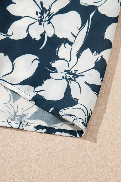 Blue Floral Short Puff Sleeve Summer Shirt