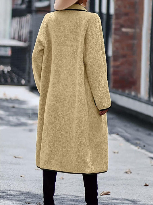 Full Size Contrast Trim Long Sleeve Coat with Pockets Carauana Store