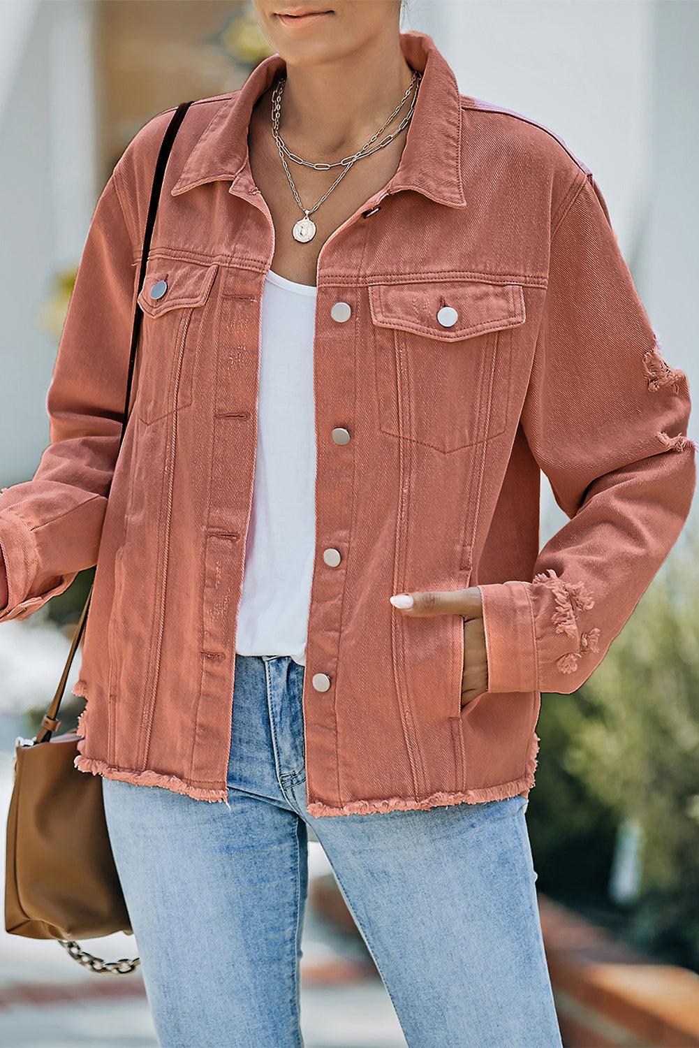 Distressed Raw Hem Denim Jacket Carauana Store