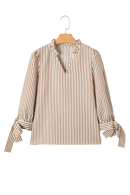 Straw Yellow Striped Print Tied Cuffs Split Neck Seersucker Blouse