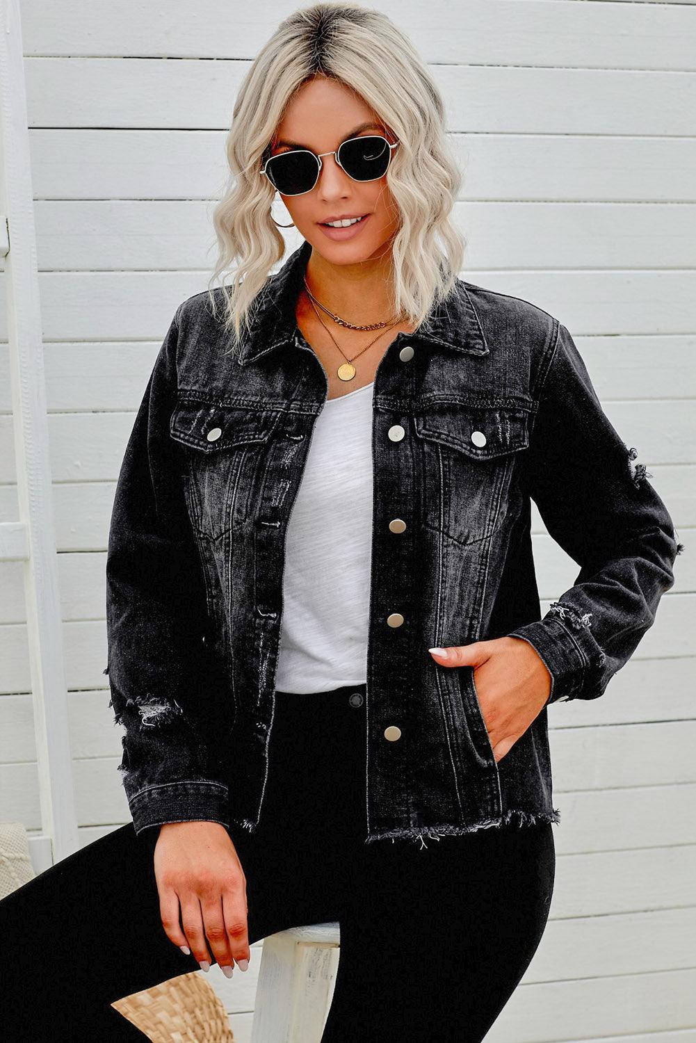 Distressed Raw Hem Denim Jacket Carauana Store