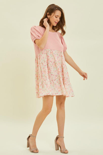HEYSON Full Size Round Neck Floral Ruffle Hem Mini Dress Carauana Store