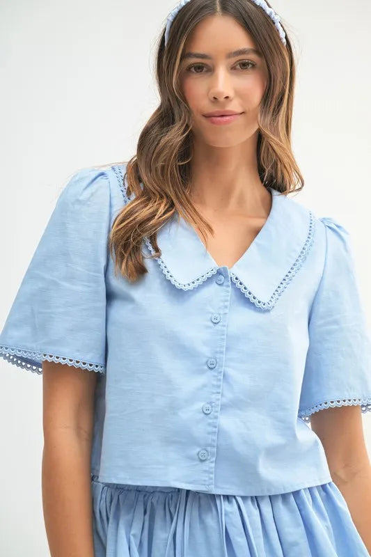 MABLE Collared Button Down Crop Top and Skort Set Carauana Store
