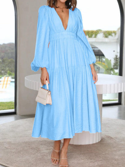 Deep V-Neck Balloon Sleeve Plain Maxi Dress Carauana Store