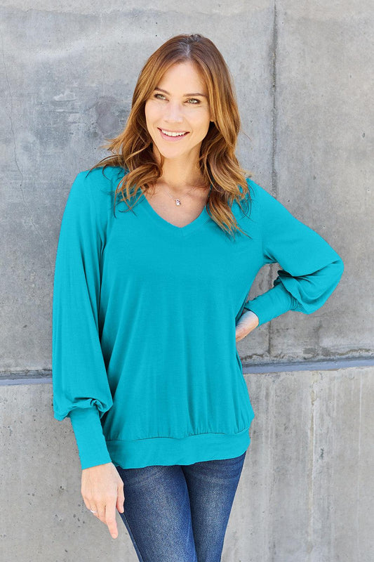 Basic Bae Full Size V-Neck Lantern Sleeve Blouse Carauana Store