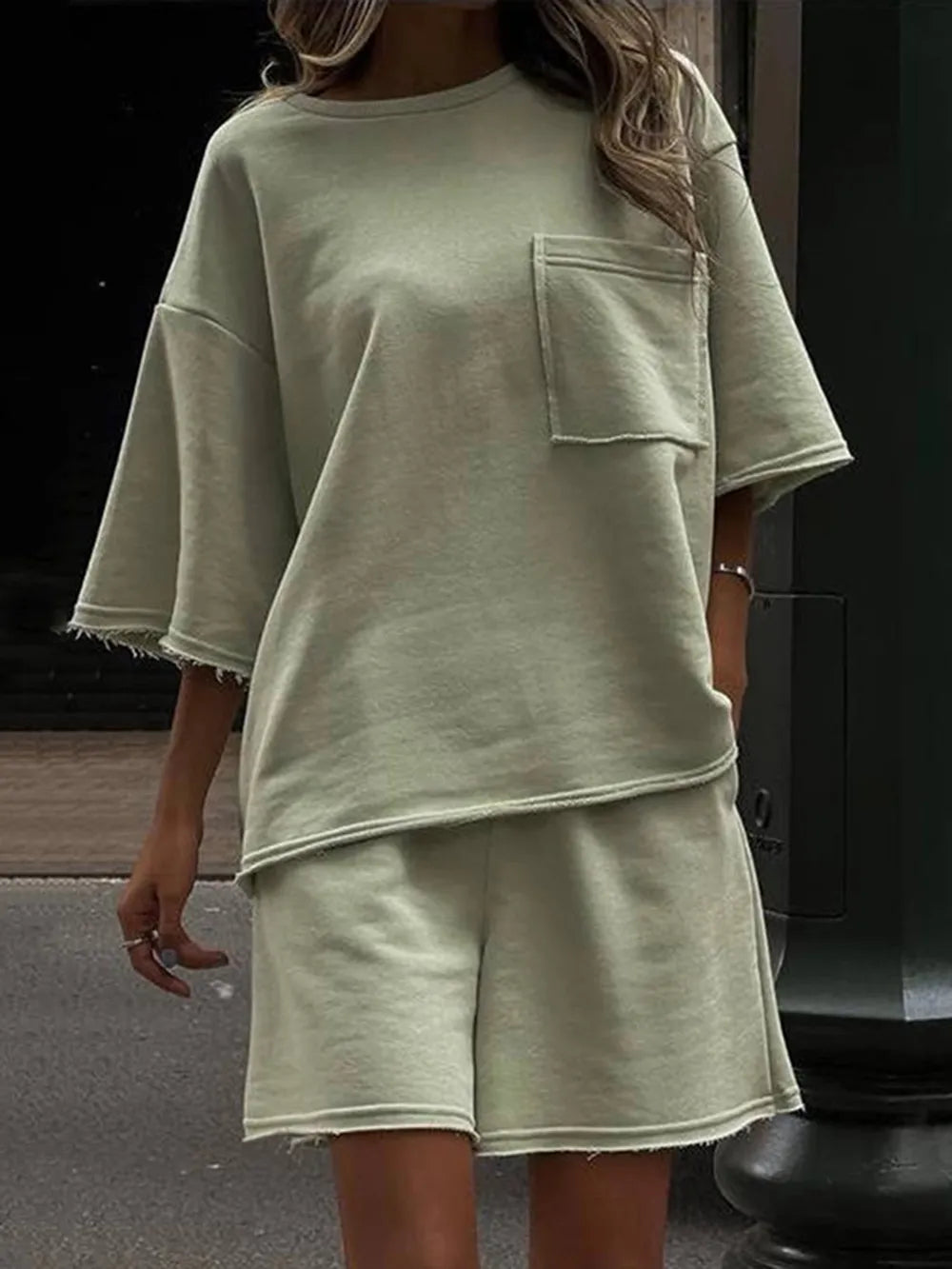 Pocketed Round Neck Half Sleeve Top and Shorts Set Carauana Store