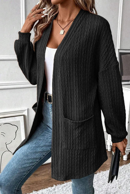 Textured Pocketed Open Front Long Sleeve Cover Up Carauana Store