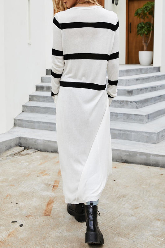 Pocketed Striped Button Up Cardigan Carauana Store