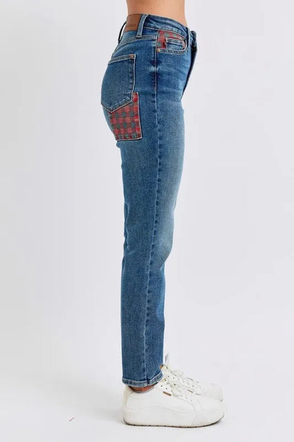 Judy Blue Full Size HW Plaid Patch Slim Fit Jeans Plus Size Carauana Store